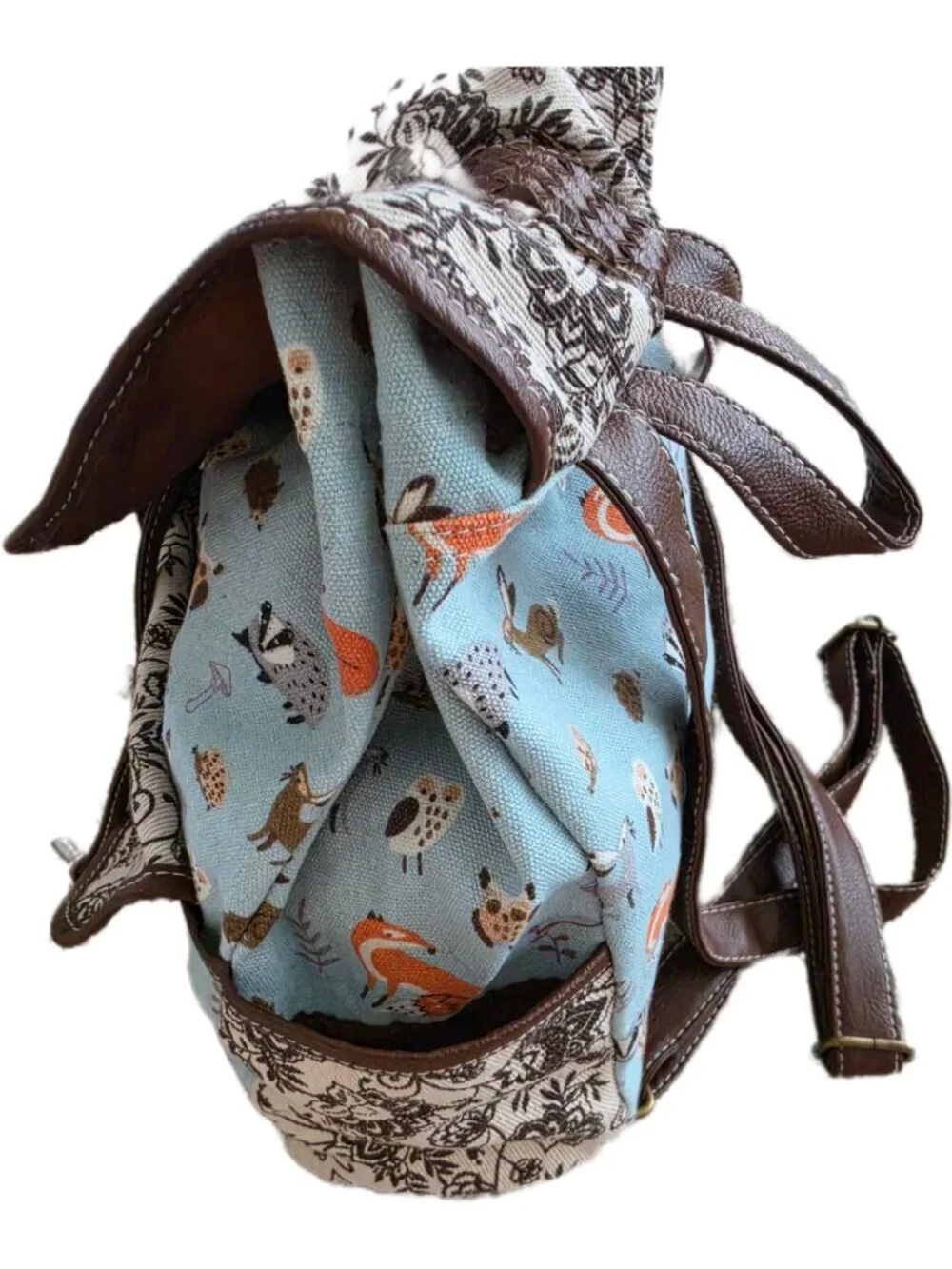 Unionbay Boho Woodland Animal Canvas Mini Backpack Rucksack Floral Tassel EUC